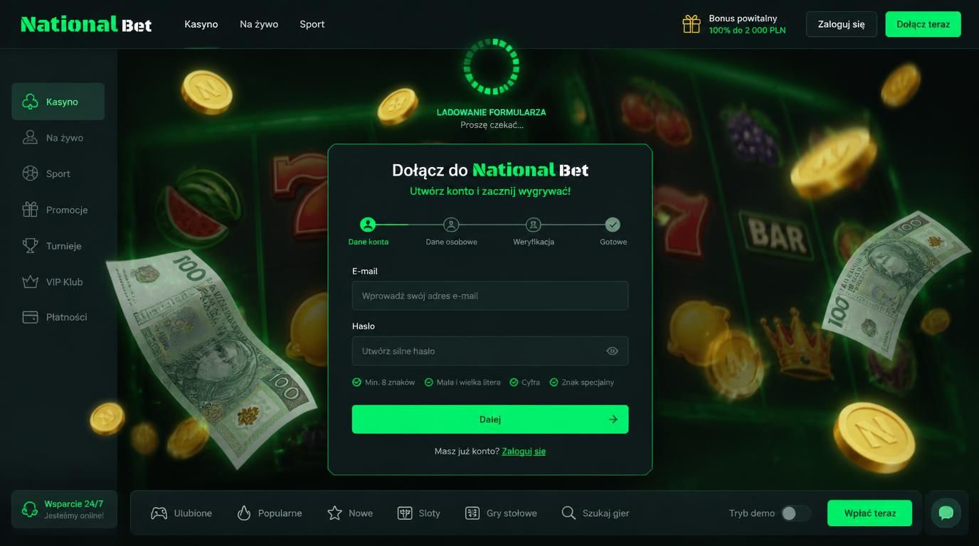 Ekran rejestracji nowego gracza w kasynie online z elementami złota i polskich złotych