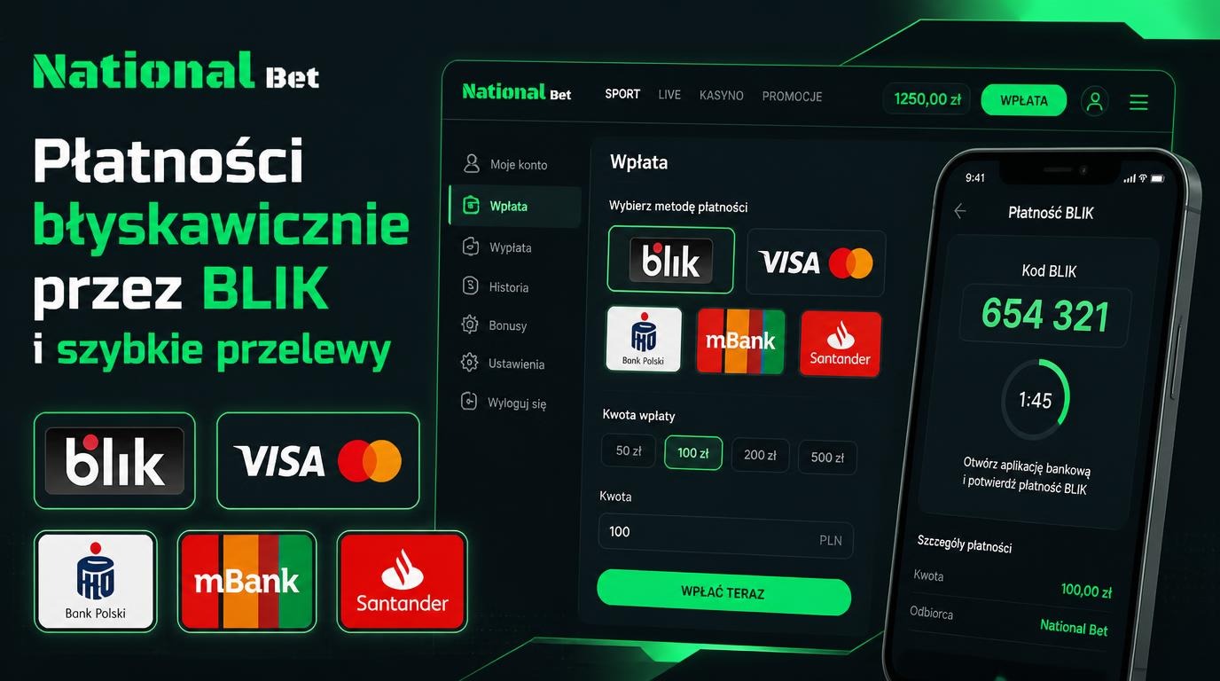 Interfejs płatności z BLIK, kartami i bankami polskimi w aplikacji mobilnej National Casino.
