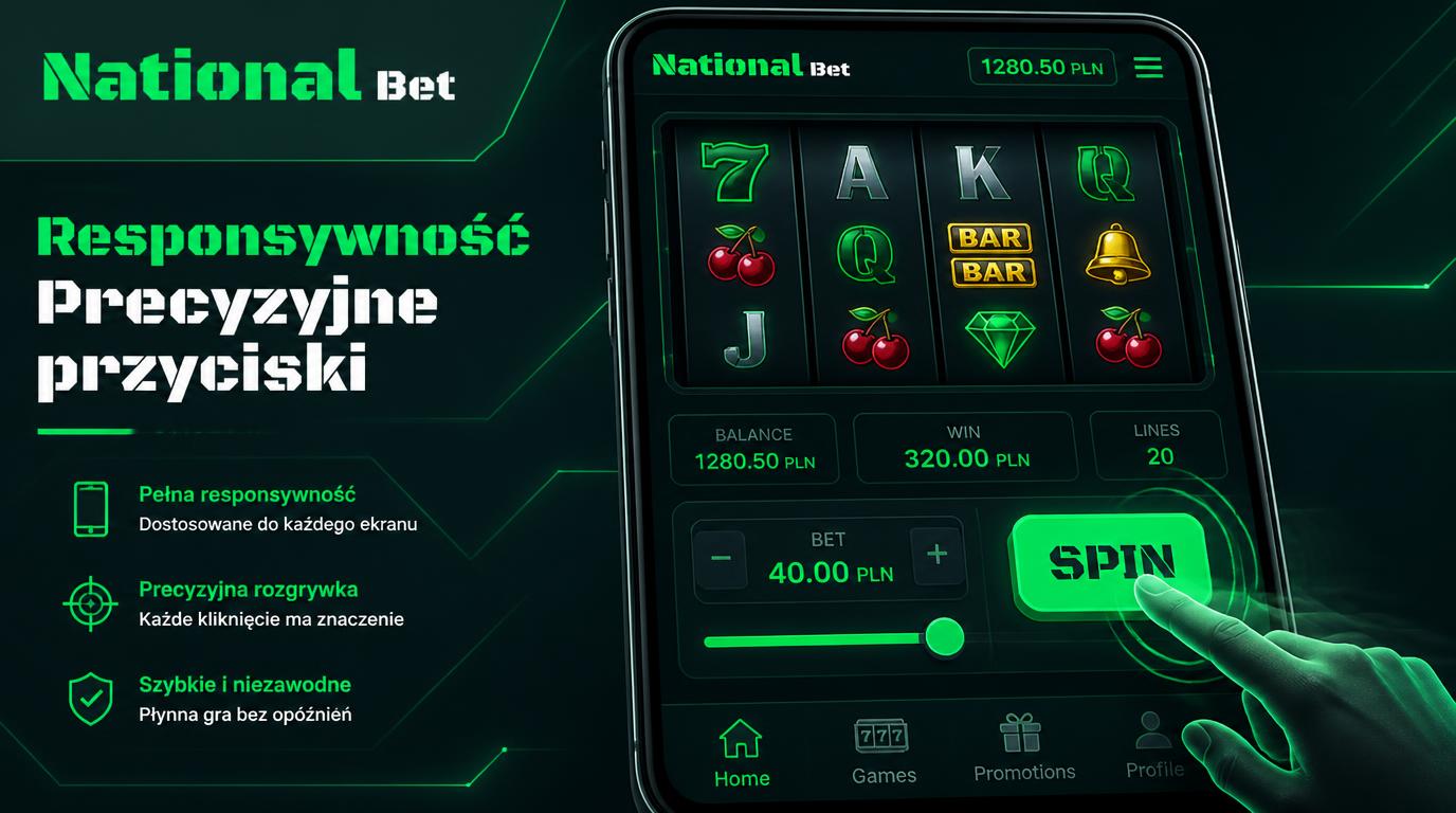 Responsywne przyciski Spin i Bet w aplikacji National Casino.