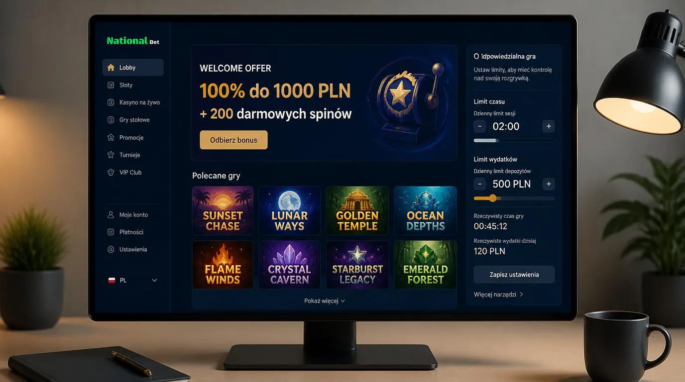 Panel oferty powitalnej kasyna z kafelkami gier i ustawieniami limitów czasu oraz wydatków